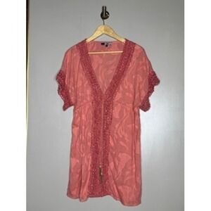 Despi Coral Pink Burnout Floral Crochet Lace Trim Tassel Swim Cover Up Dress S/M
